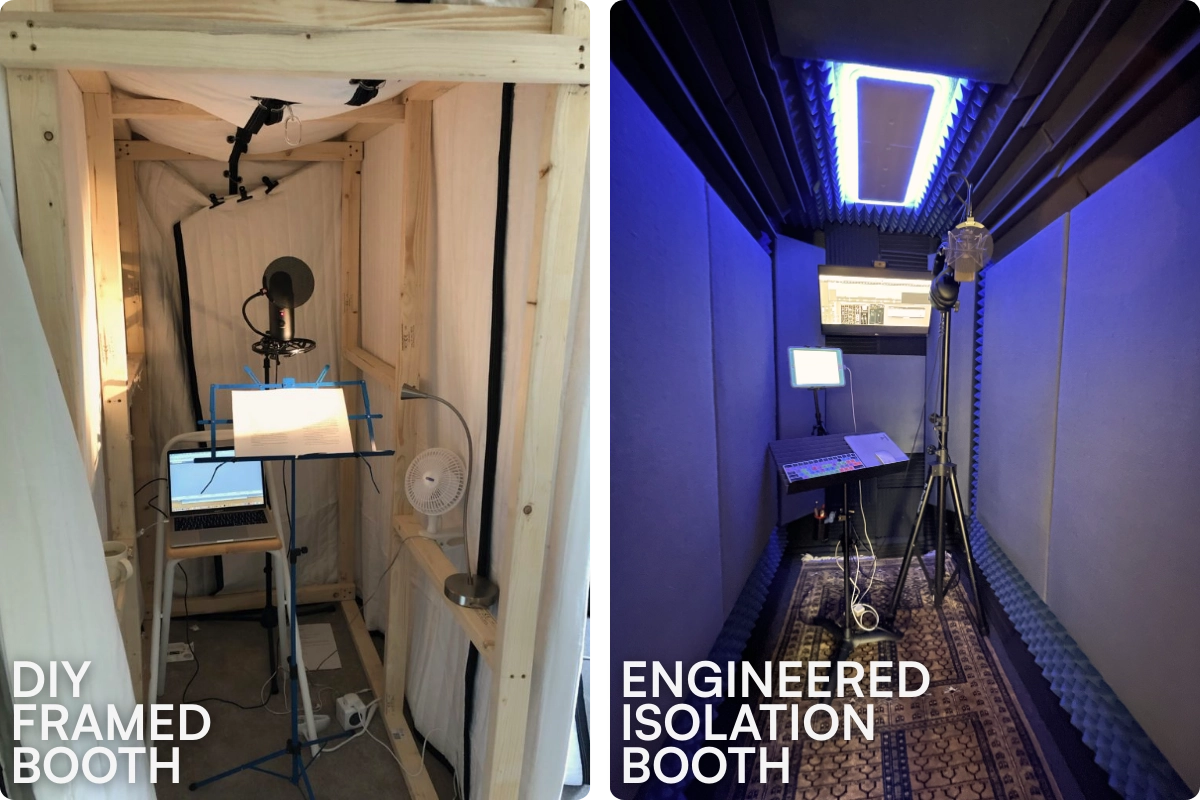 Side-by-side comparison of DIY framed vocal booth and WhisperRoom engineered sound isolation booth interior
