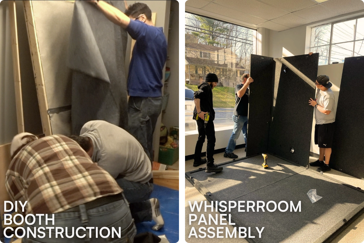DIY voiceover booth construction showing framing and insulation during wall build phase and WhisperRoom assembly comparision