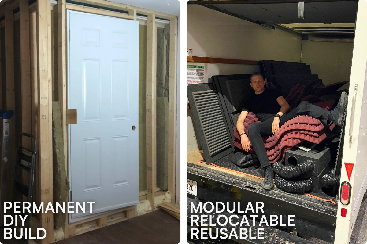 DIY framed vocal booth built into a room compared to modular isolation booth panels being transported for relocation