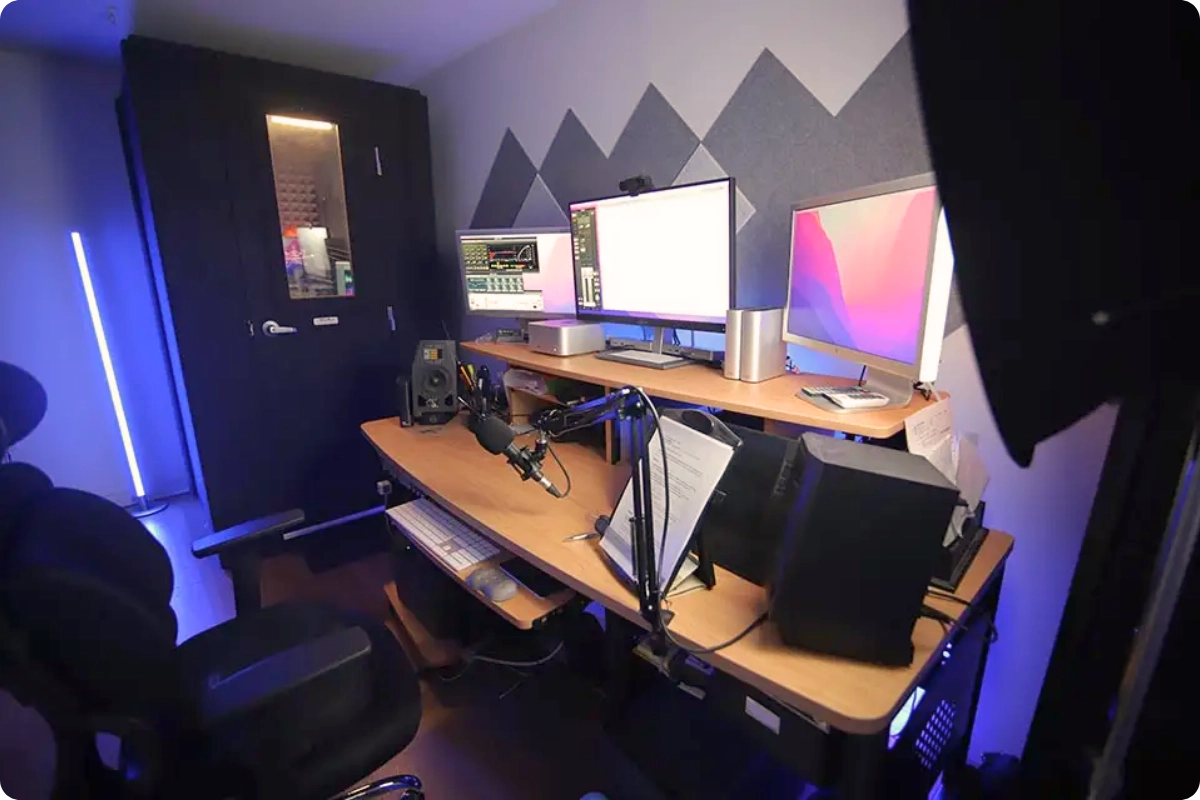 Professional home voice over studio with WhisperRoom isolation booth and recording setup