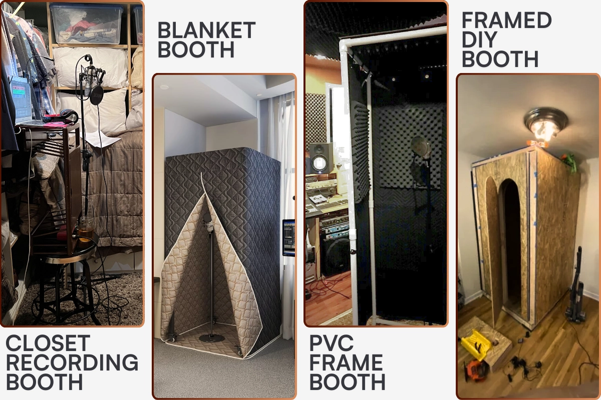 Common DIY booth solutions that creators use: Closet Recording Booths, Blanket Booths, PVC Frame Booths, or Framed DIY Booths