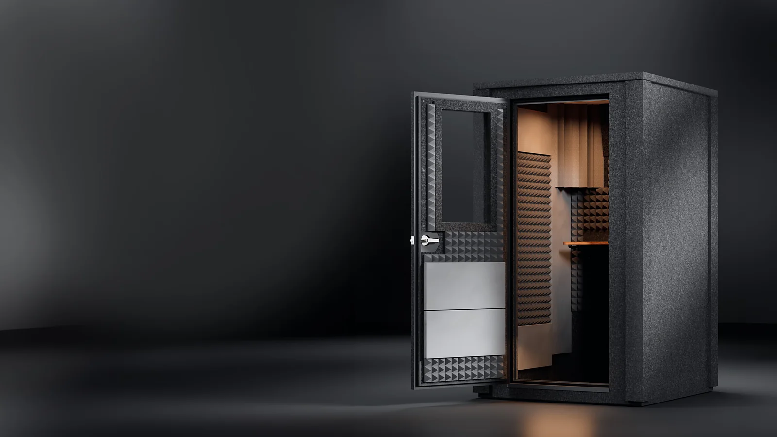A WhisperRoom sound isolation booth with its door open, showing the foam-lined door and the treated interior.