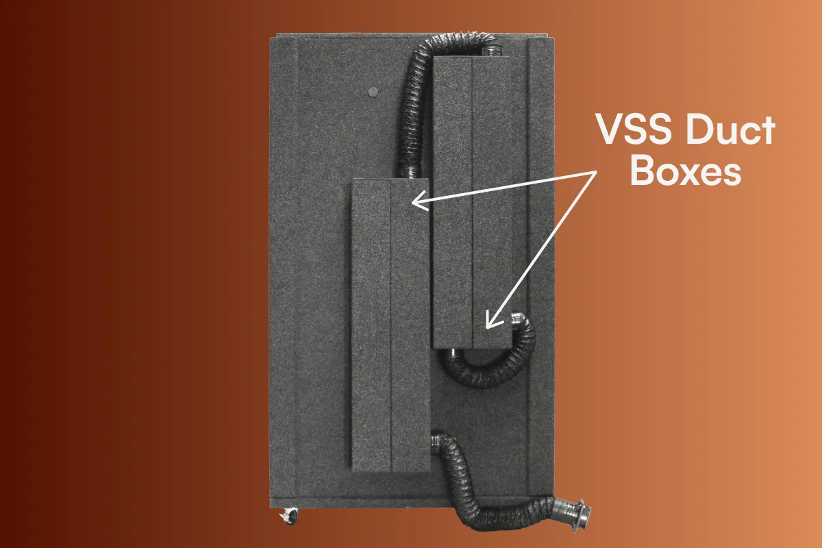 WhisperRoom Ventilation Silencing System with acoustic duct boxes and flexible ducting installed on a sound-isolation booth.