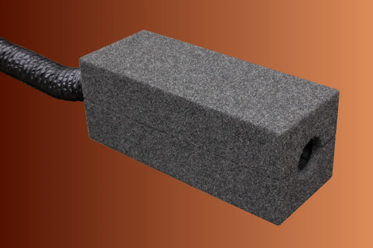 WhisperRoom Exterior Fan Silencer featuring an acoustically treated enclosure connected to flexible ventilation ducting.
