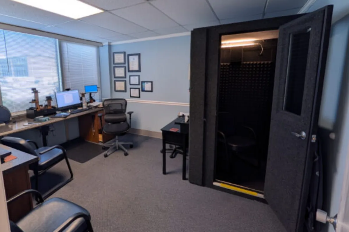 Modular WhisperRoom audiometric testing booth installed inside an existing hearing care office.
