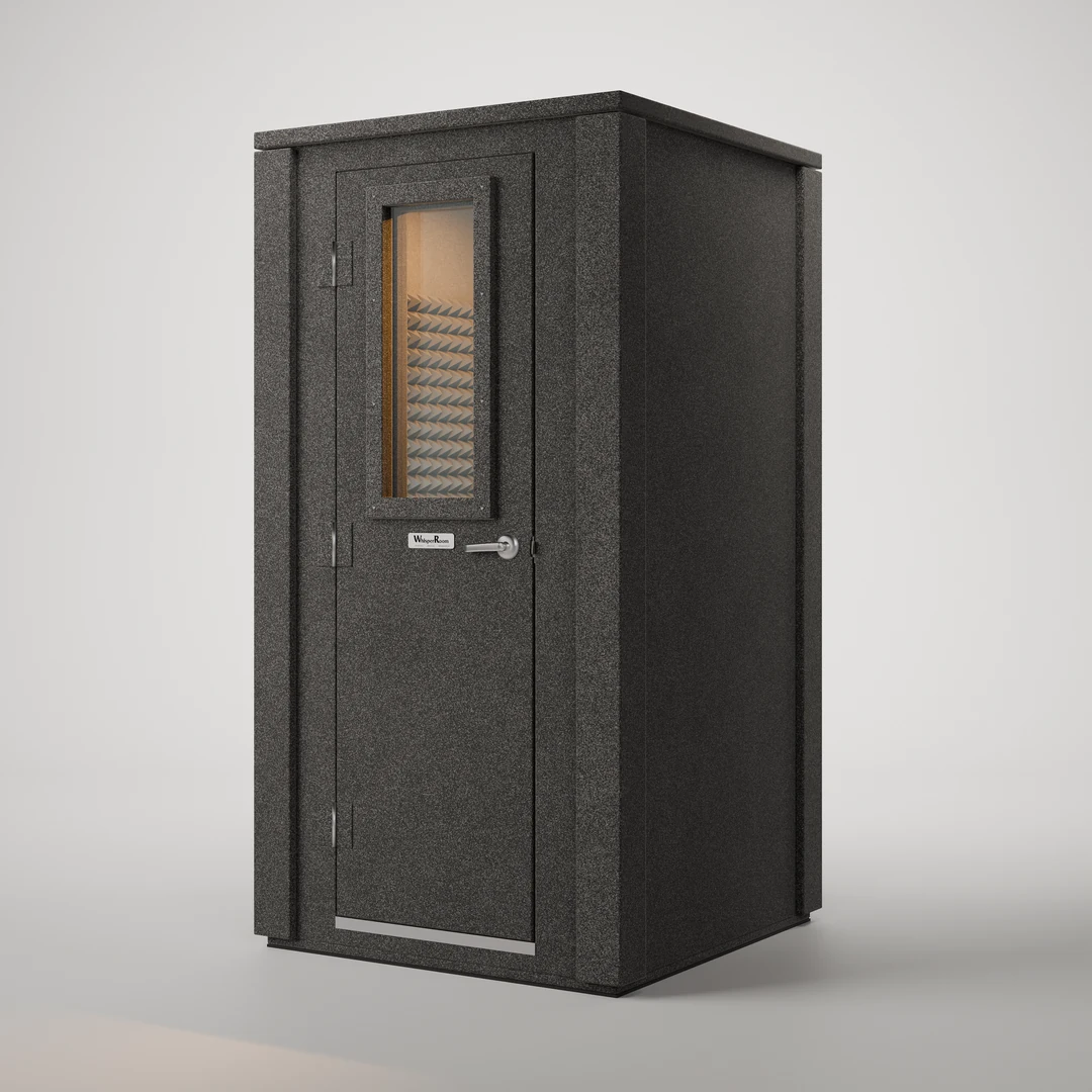 WhisperRoom MDL 4242 E 3.5' x 3.5' double-wall isolation booth, closed, three-quarter front view on a light gray backdrop