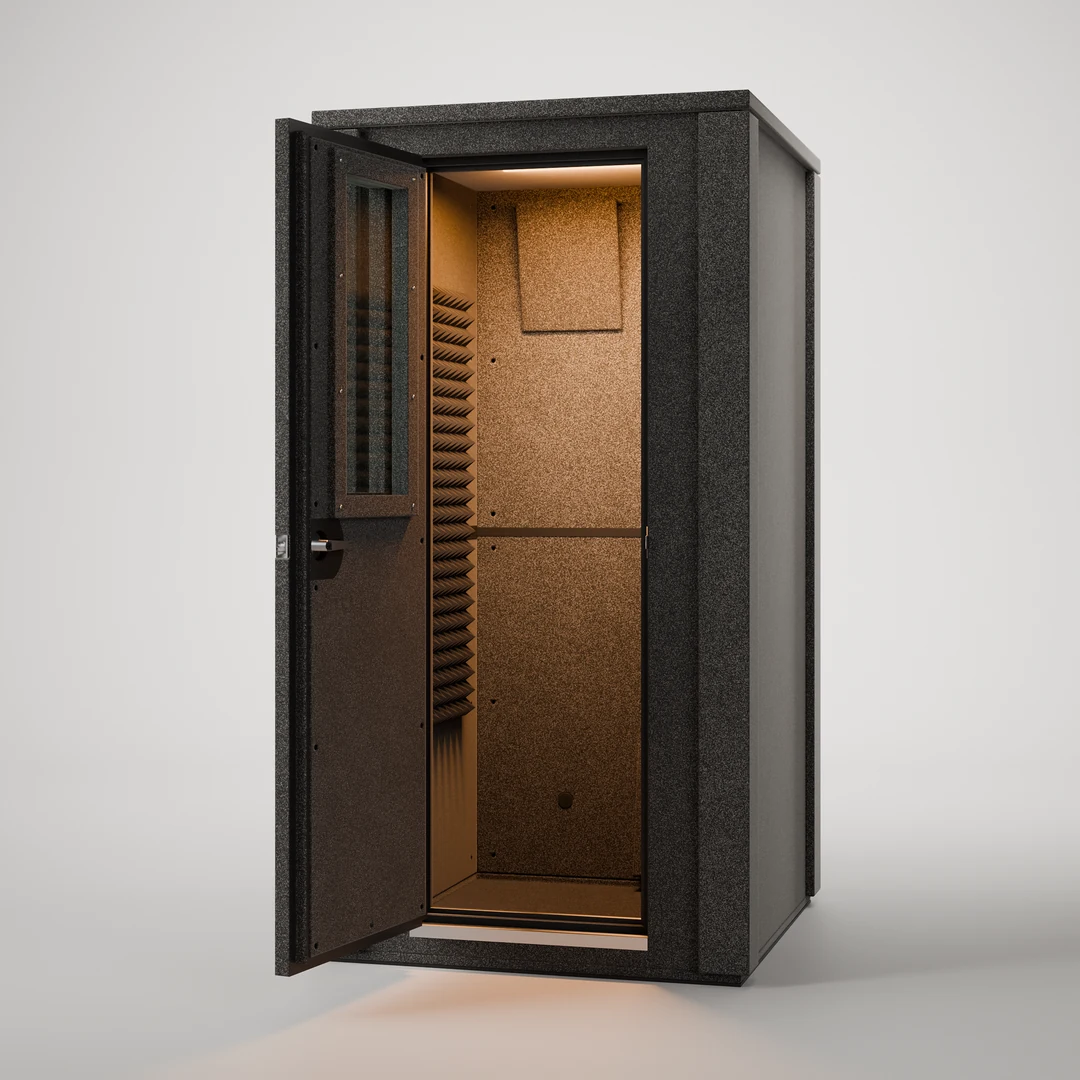 WhisperRoom MDL 4242 E open podcast booth seen from the front, showing the 35.5" x 35.5" interior and Studiofoam walls