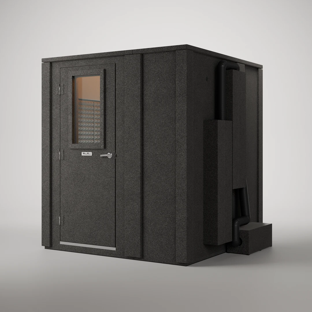 Creator Deluxe package on the WhisperRoom MDL 7272 E, a 6' x 6' double-wall sound booth, closed, angled front view