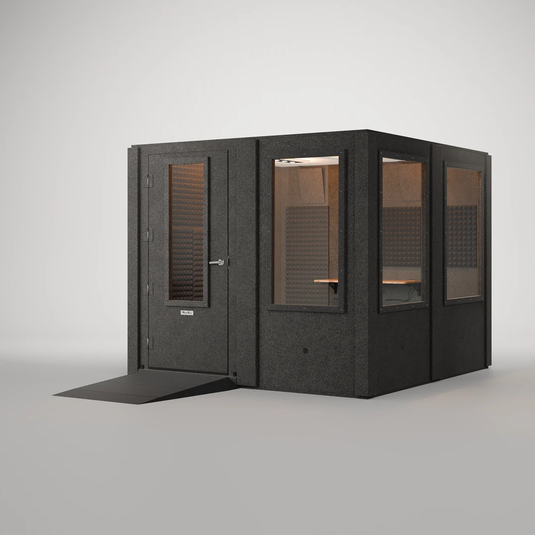 Makerspace Booth, a WhisperRoom MDL 9696 S 8' x 8' booth with an ADA ramp at the door and three wall windows, closed