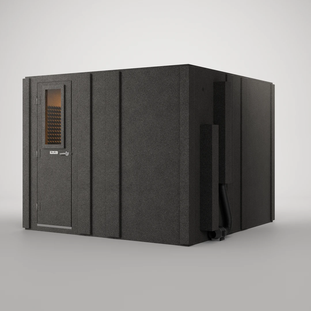 WhisperRoom MDL 102102 S, an 8.5' x 8.5' single-wall isolation booth with its door shut, seen from the front at an angle