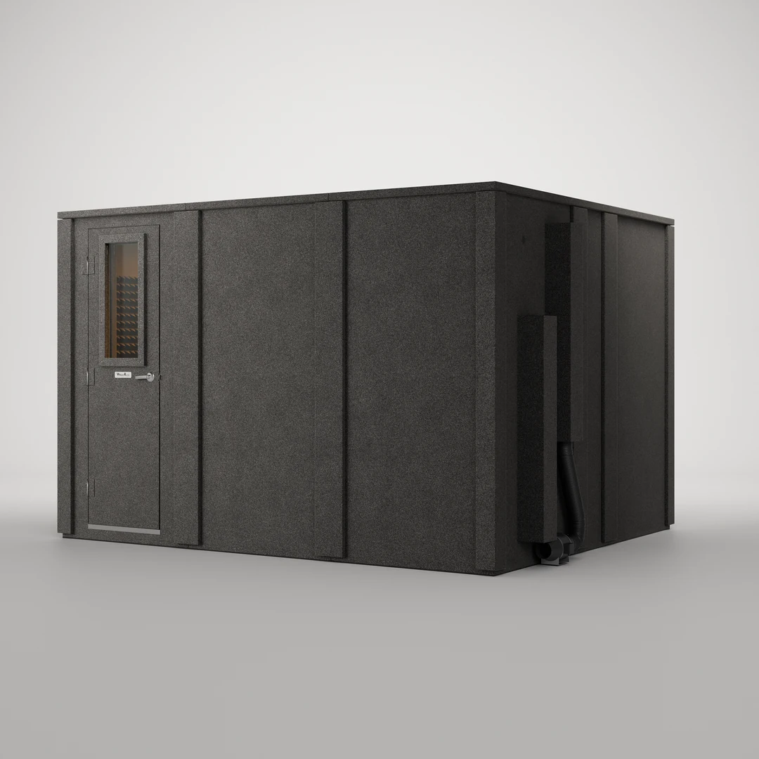 WhisperRoom MDL 102126 E isolation booth in double-wall construction, door closed, charcoal exterior at a three-quarter view