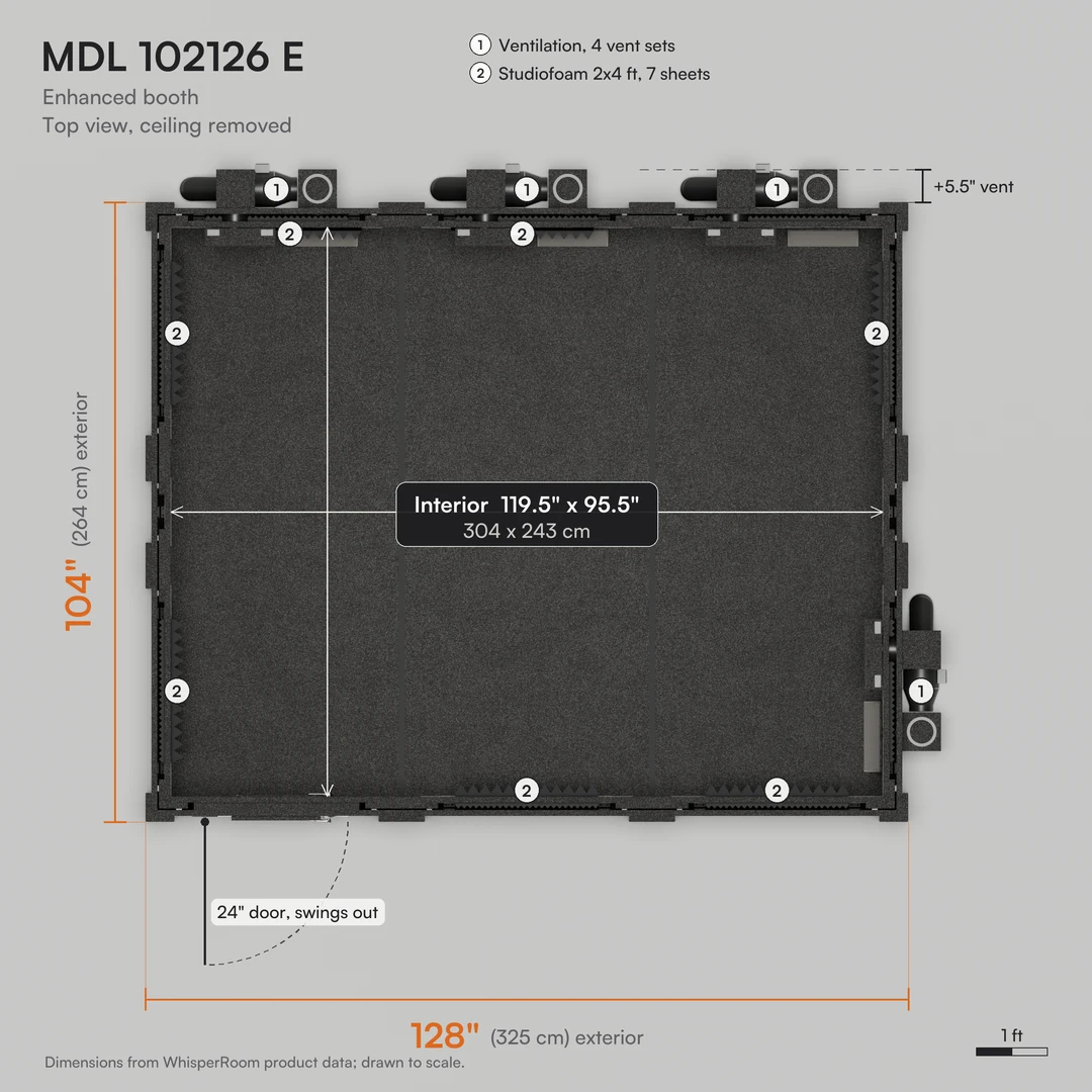 WhisperRoom MDL 102126 E top view drawn to scale, a 128" x 104" practice room with a 119.5" x 95.5" interior and vent callouts