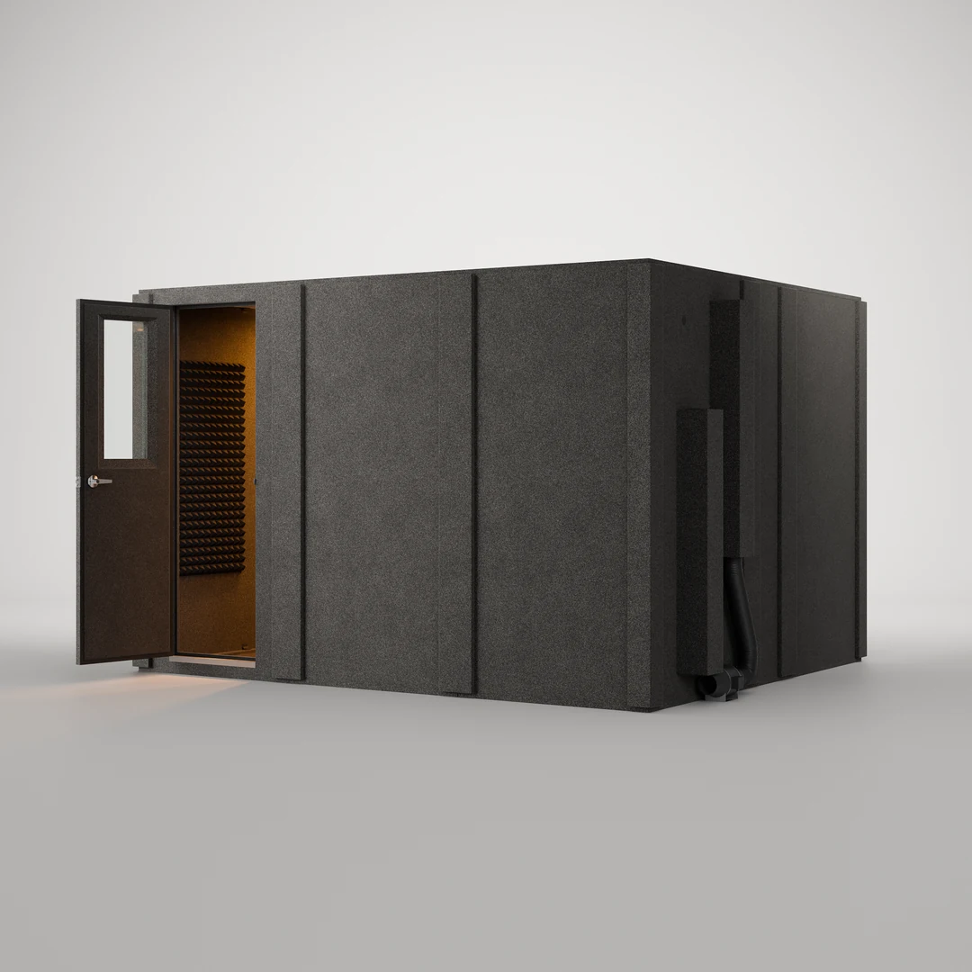 WhisperRoom MDL 102126 S sound booth with the 24" door open and the lit interior lined in Studiofoam