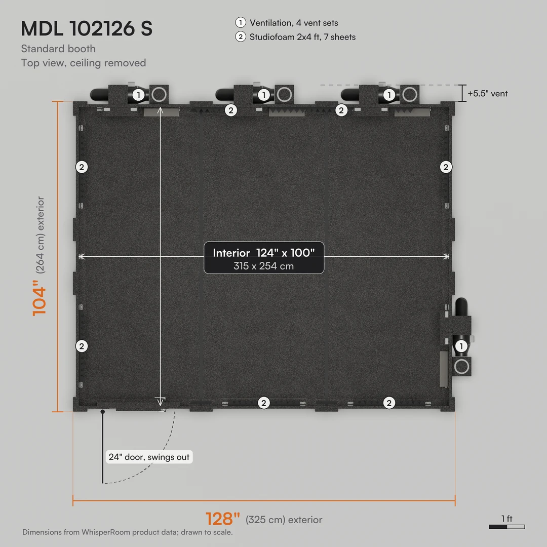 WhisperRoom MDL 102126 S practice room layout, ceiling removed: 128" x 104" exterior, 124" x 100" interior, 24" door