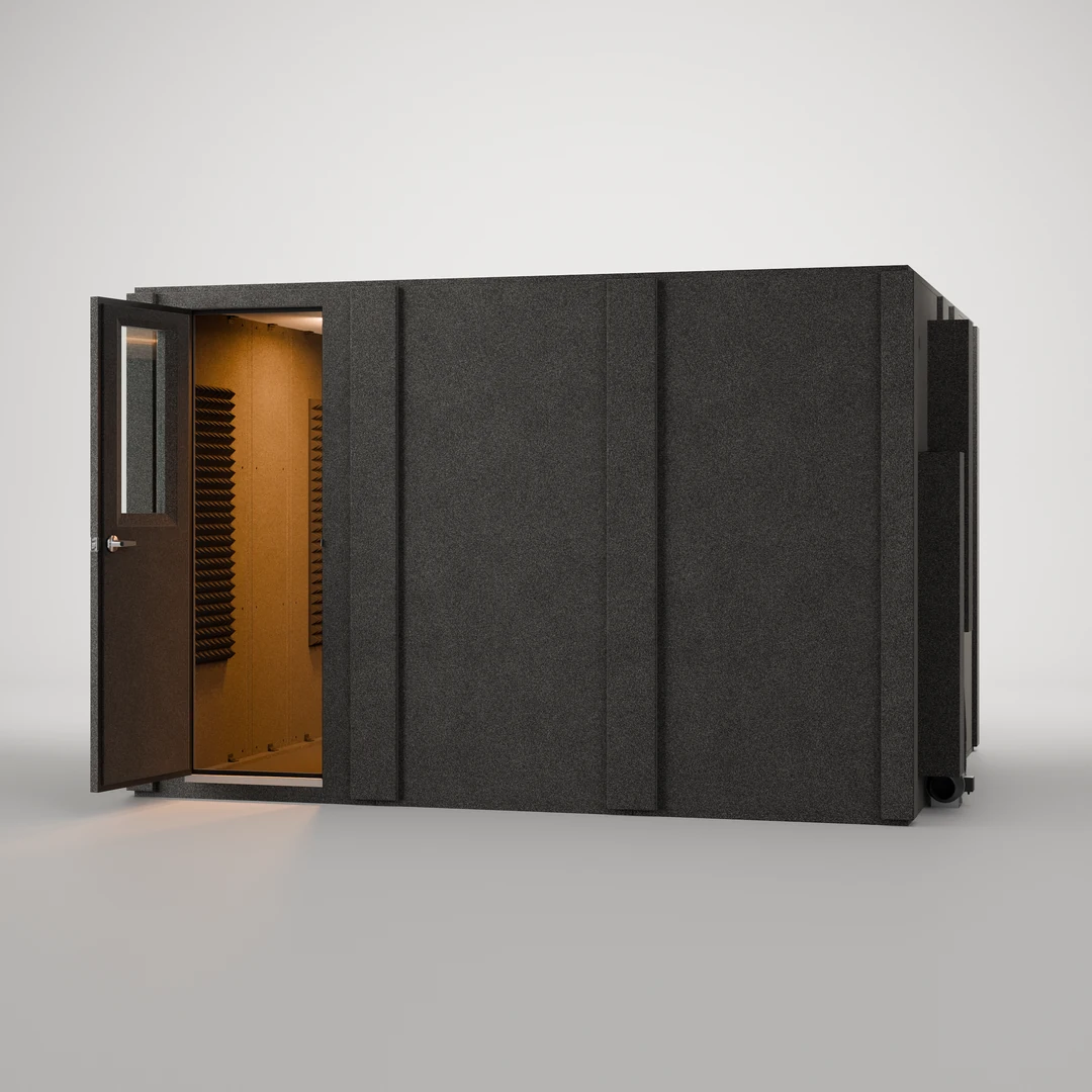 WhisperRoom MDL 102126 S 8.5' x 10.5' recording booth, close front angle with the door open on the foam-lined interior