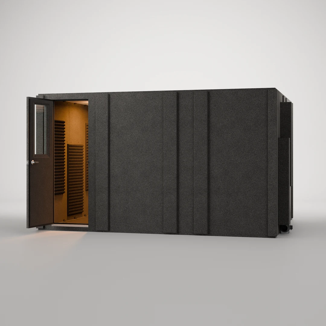 WhisperRoom MDL 102144 S recording booth from the front left, door open, looking into the 142" x 100" interior