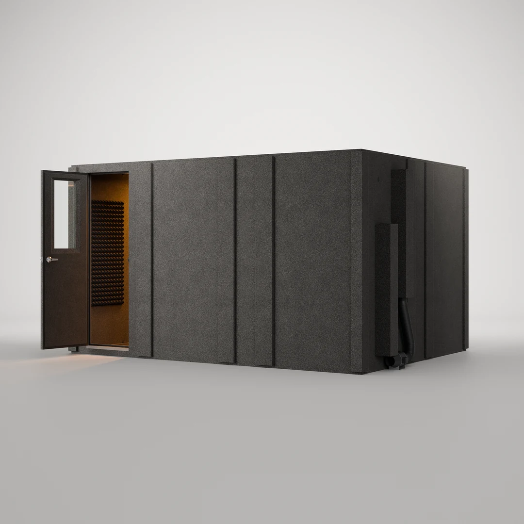 WhisperRoom MDL 102144 S, door swung open at a three-quarter angle, light on the Studiofoam inside this single-wall sound booth