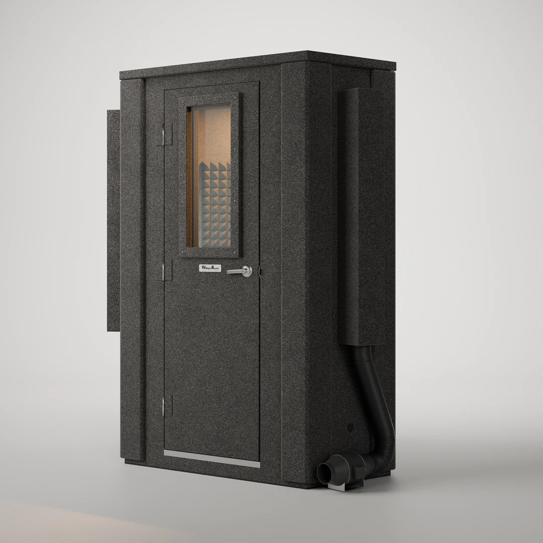 WhisperRoom MDL 127 LP E low profile double-wall sound isolation booth, closed, three-quarter front view on a light gray backdrop