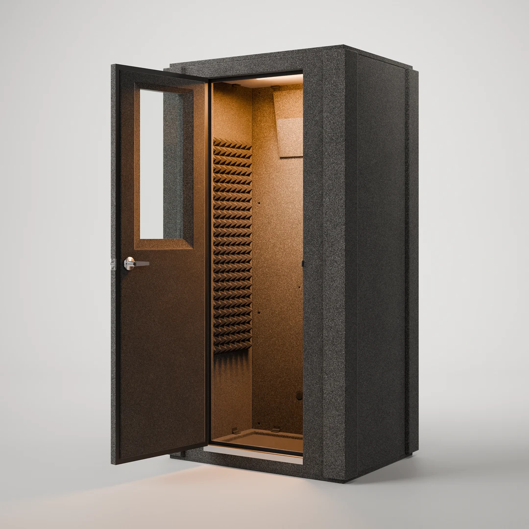 WhisperRoom MDL 4230 S isolation booth with the 24" door open and the lit interior lined in Studiofoam