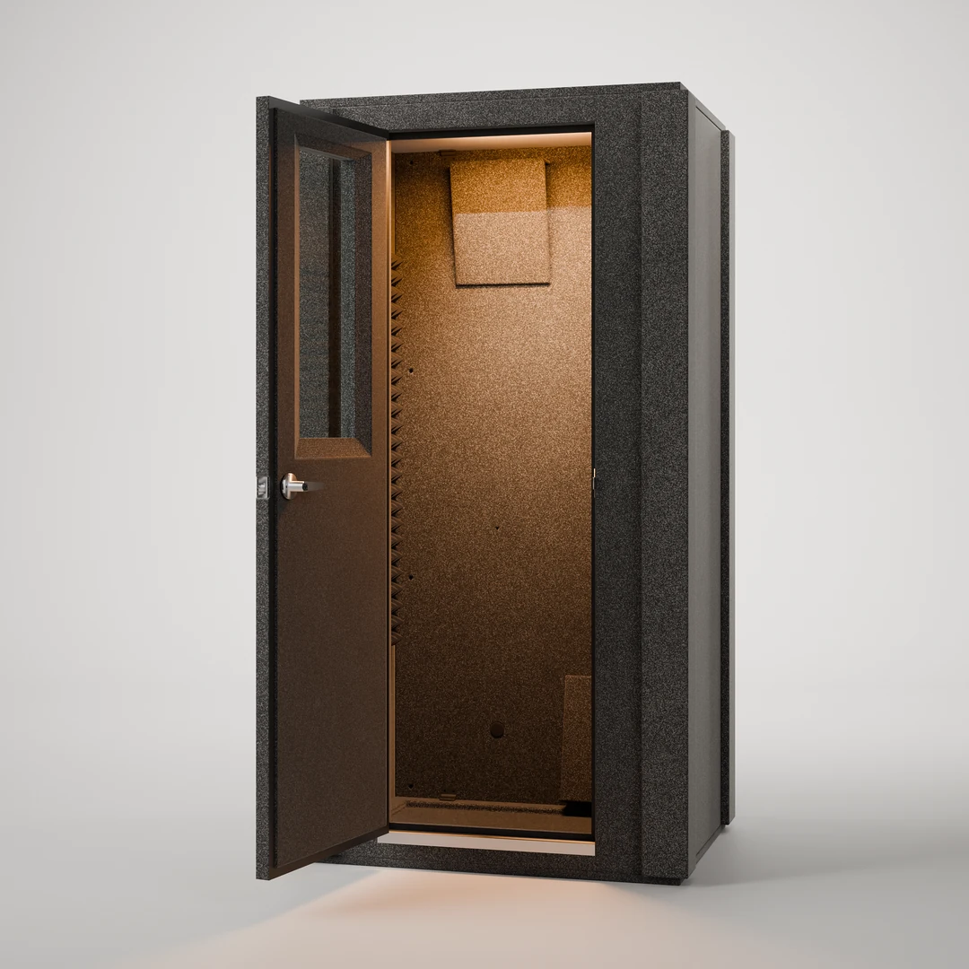 WhisperRoom MDL 4230 S 3.5' x 2.5' sound booth, close front angle with the door open on the foam-lined interior