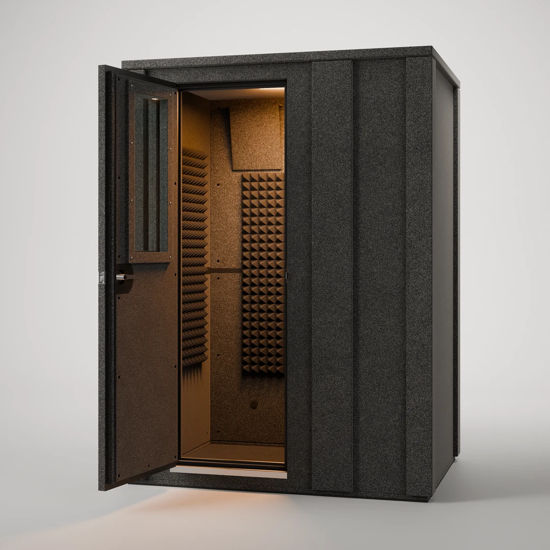 WhisperRoom MDL 4260 E, a front view through the open 24" door into this 53.5" x 35.5" recording booth