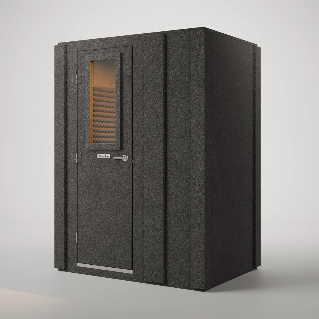 WhisperRoom MDL 4260 S closed: a 3.5' x 5' single-wall isolation booth photographed from the front corner