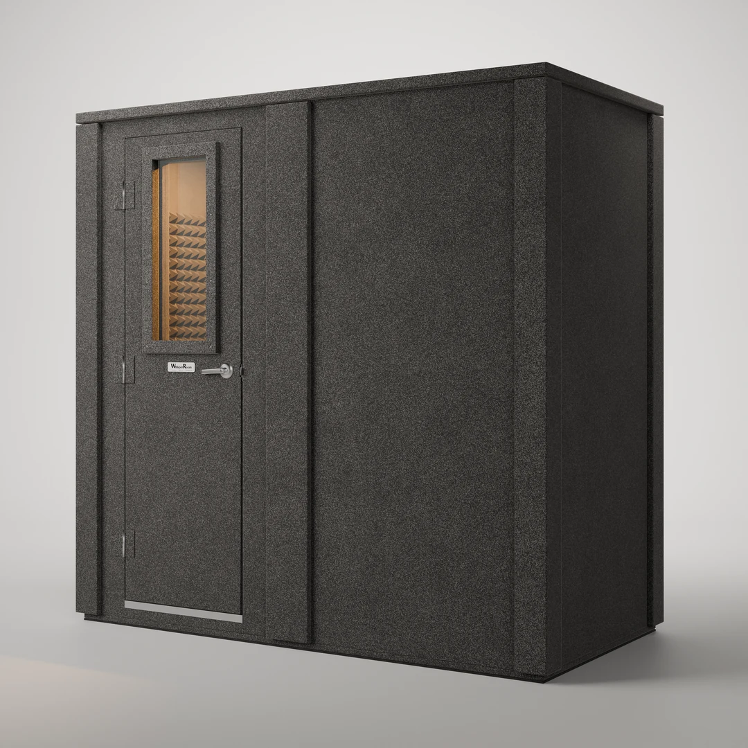 WhisperRoom MDL 4284 E 3.5' x 7' double-wall isolation booth, closed, three-quarter front view on a light gray backdrop