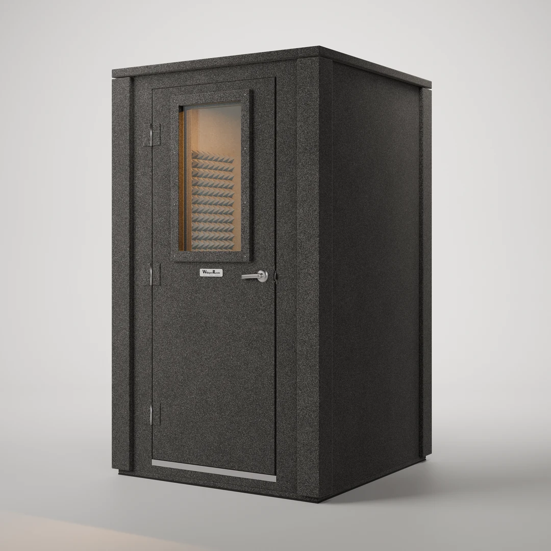WhisperRoom MDL 4848 E vocal booth in double-wall construction, door closed, charcoal exterior at a three-quarter view