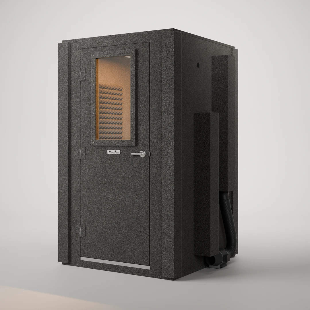 WhisperRoom MDL 4848 S closed: a 4' x 4' single-wall vocal booth photographed from the front corner