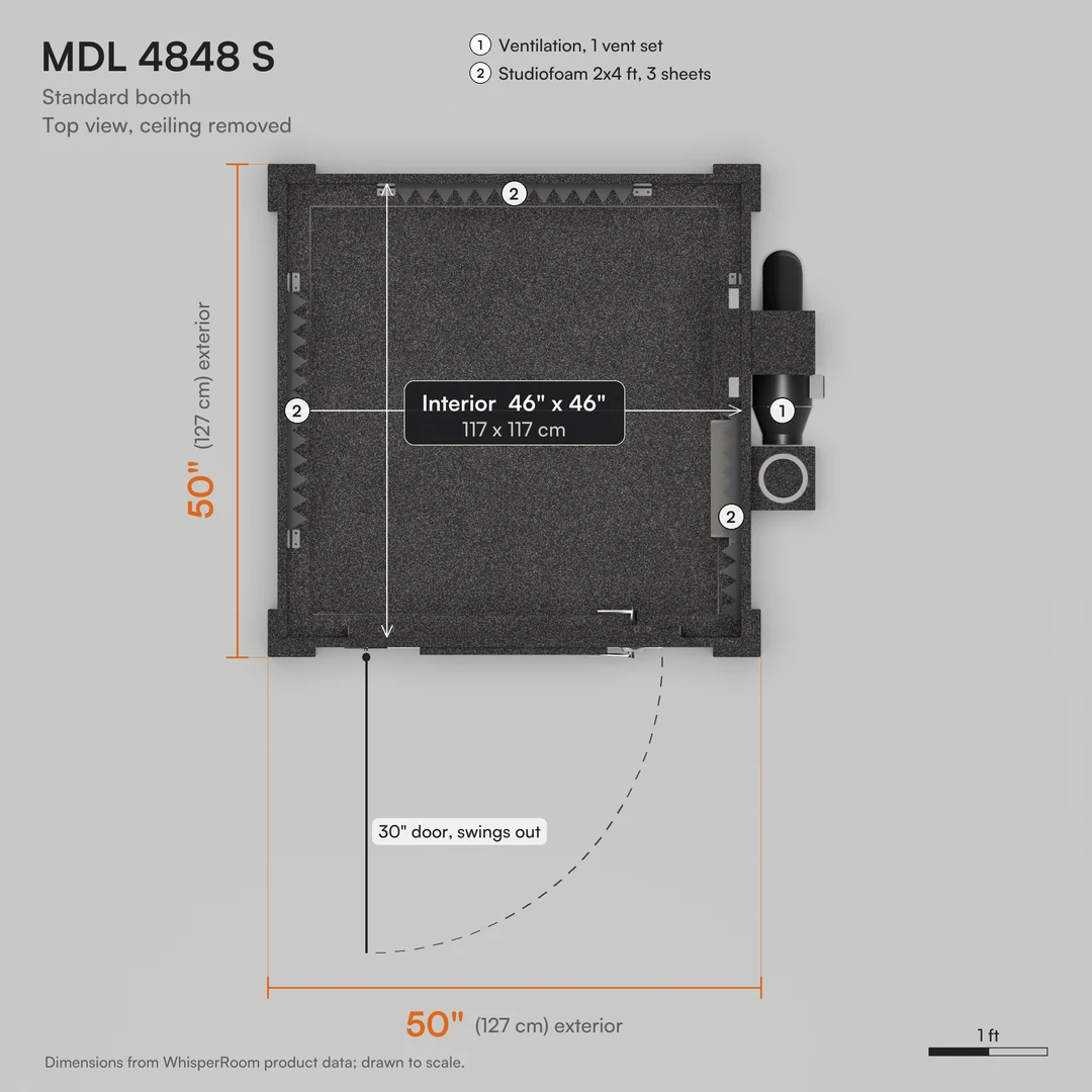 WhisperRoom MDL 4848 S sound booth layout, ceiling removed: 50" x 50" exterior, 46" x 46" interior, 30" door