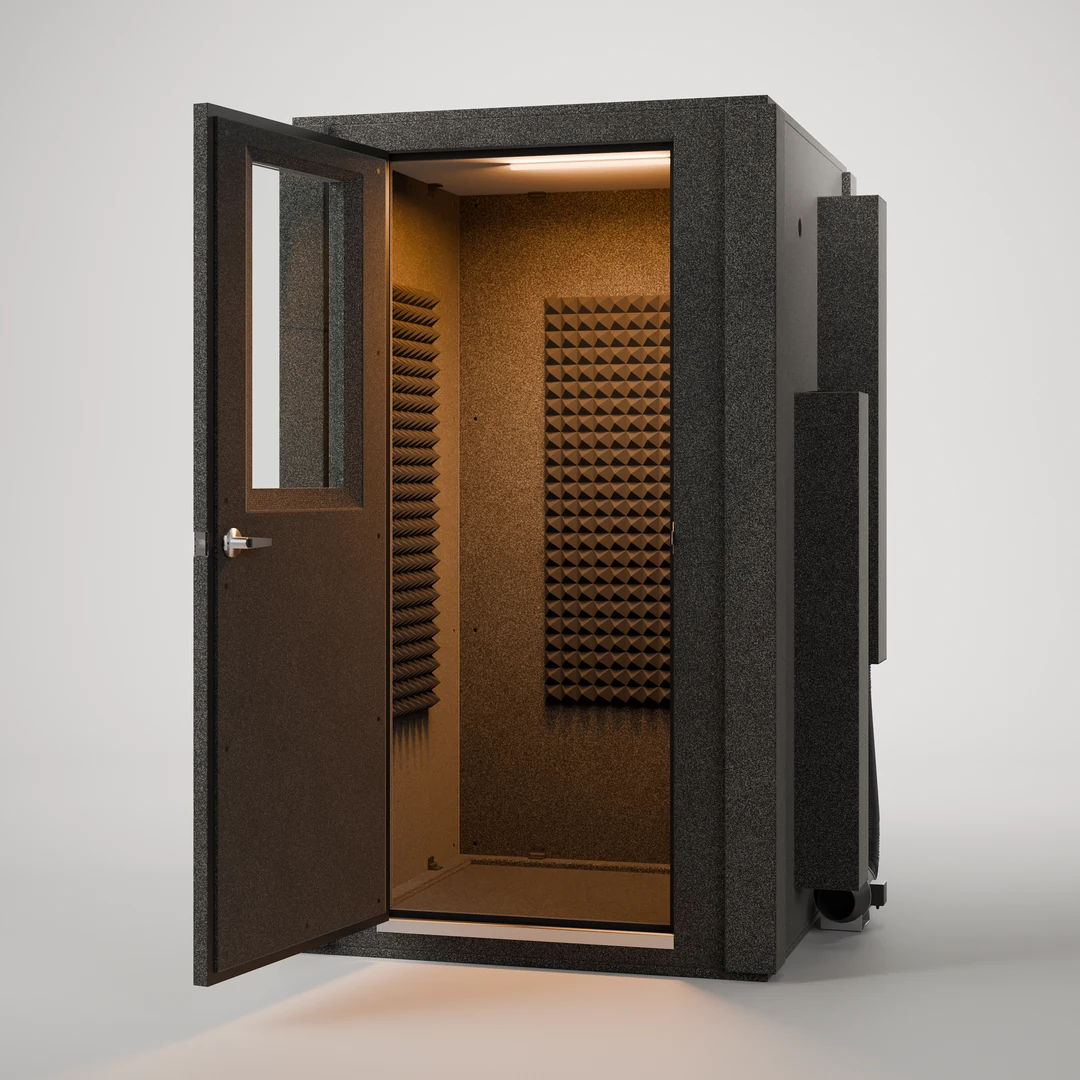 WhisperRoom MDL 4848 S 4' x 4' podcast booth, close front angle with the door open on the foam-lined interior