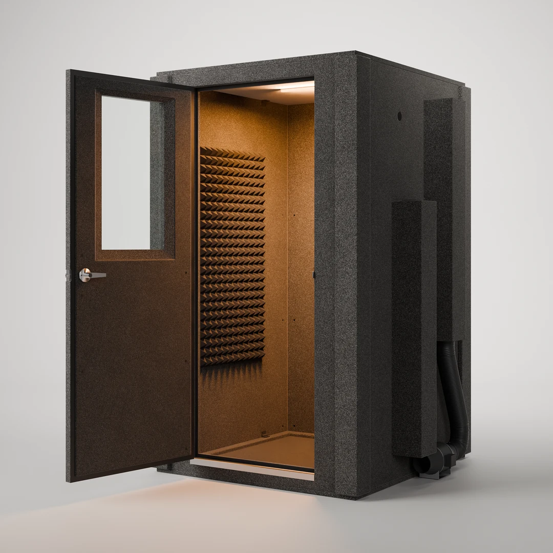 WhisperRoom MDL 4848 S isolation booth with the 30" door open and the lit interior lined in Studiofoam