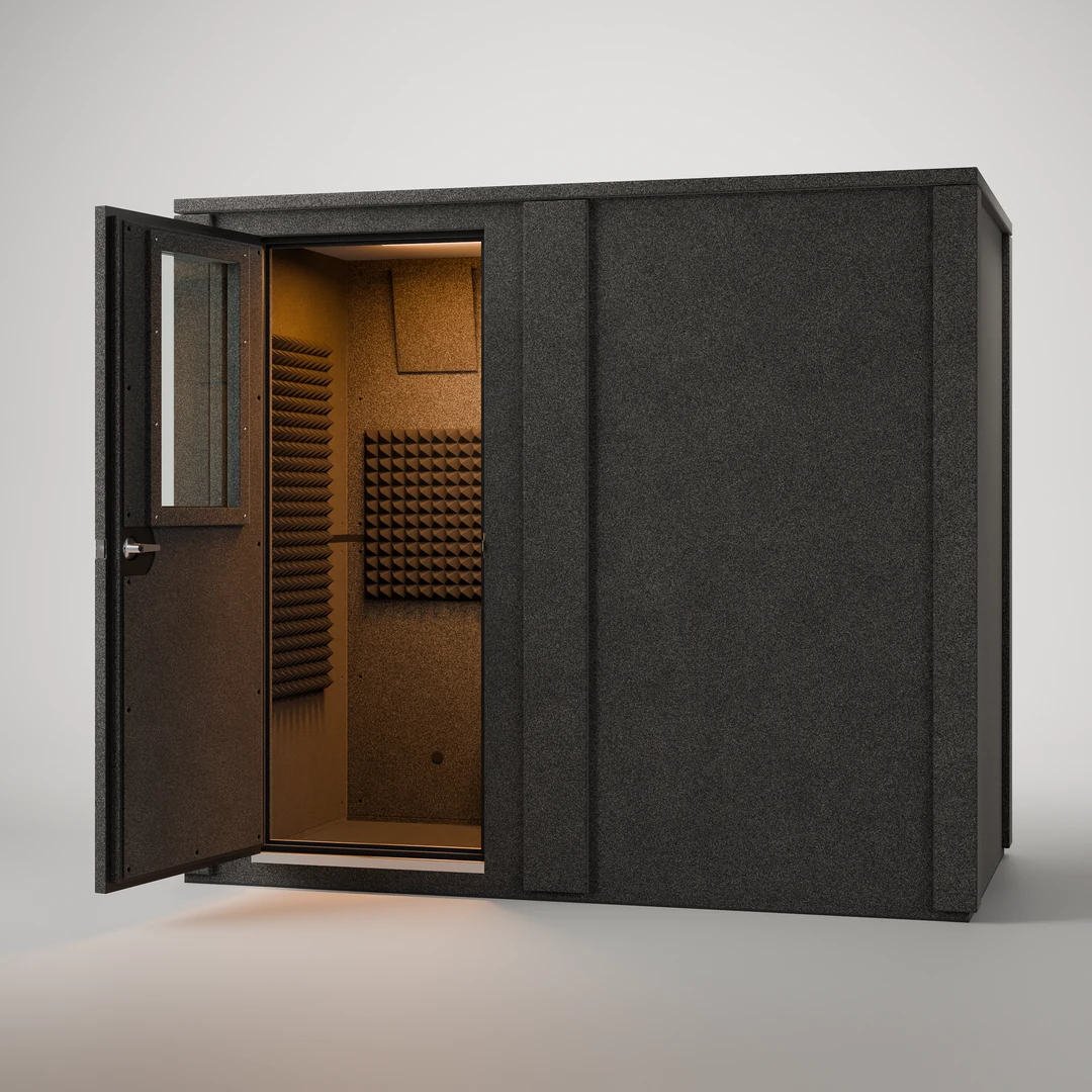 WhisperRoom MDL 4896 E, a front view through the open 30" door into this 89.5" x 41.5" recording booth