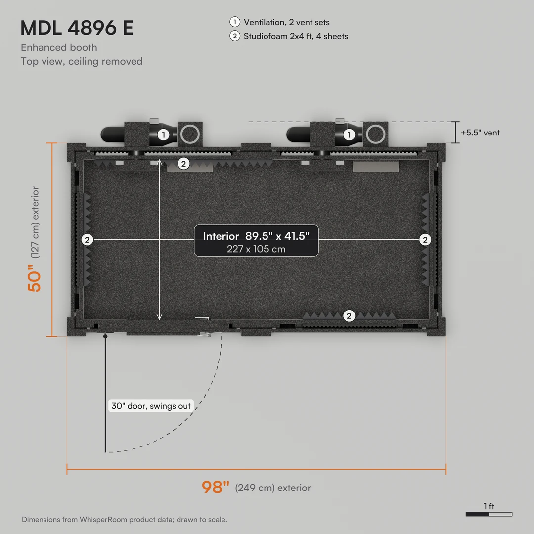 WhisperRoom MDL 4896 E top view drawn to scale, a 98" x 50" drum booth with a 89.5" x 41.5" interior and vent callouts