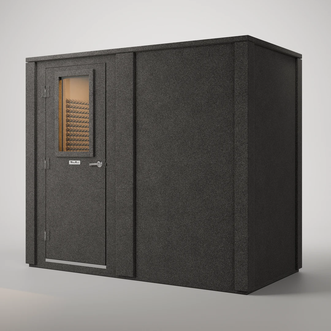 WhisperRoom MDL 4896 E sound booth in double-wall construction, door closed, charcoal exterior at a three-quarter view