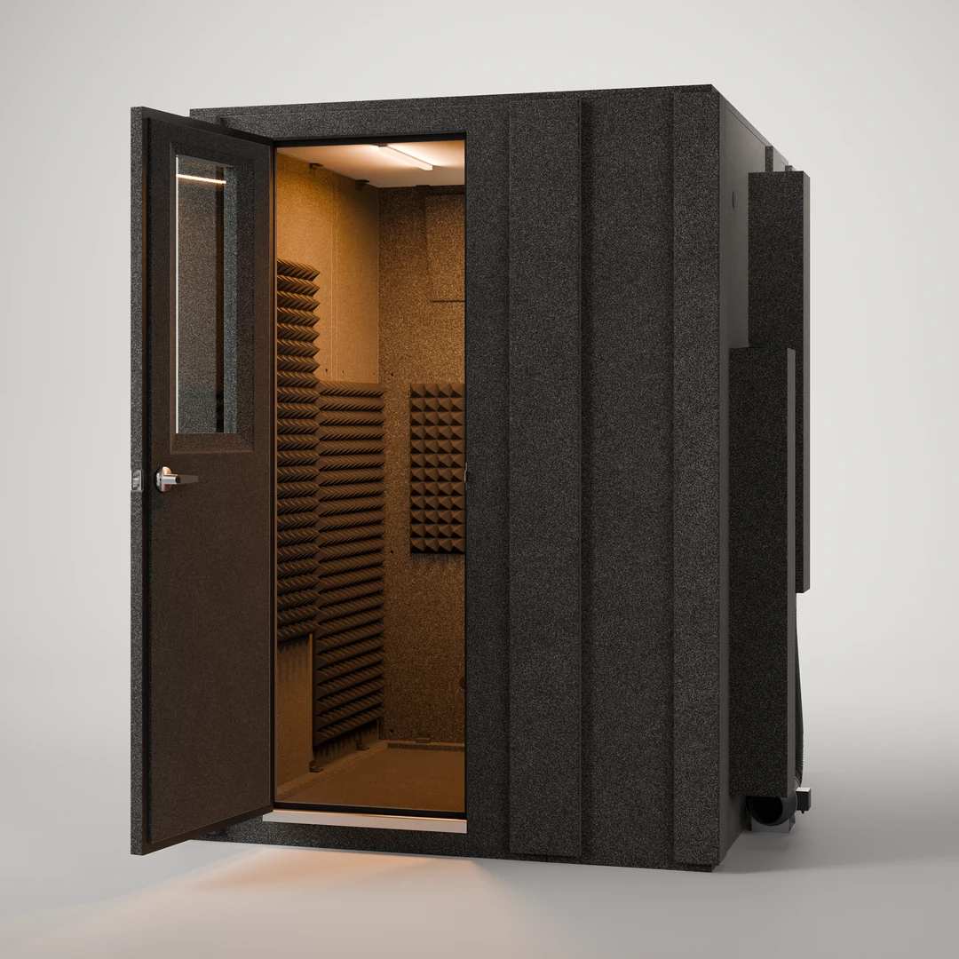 WhisperRoom MDL 6060 S podcast booth from the front left, door open, looking into the 58" x 58" interior