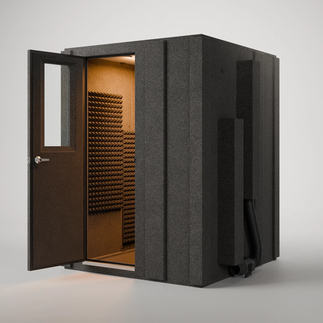 WhisperRoom MDL 6060 S, door swung open at a three-quarter angle, light on the Studiofoam inside this single-wall vocal booth