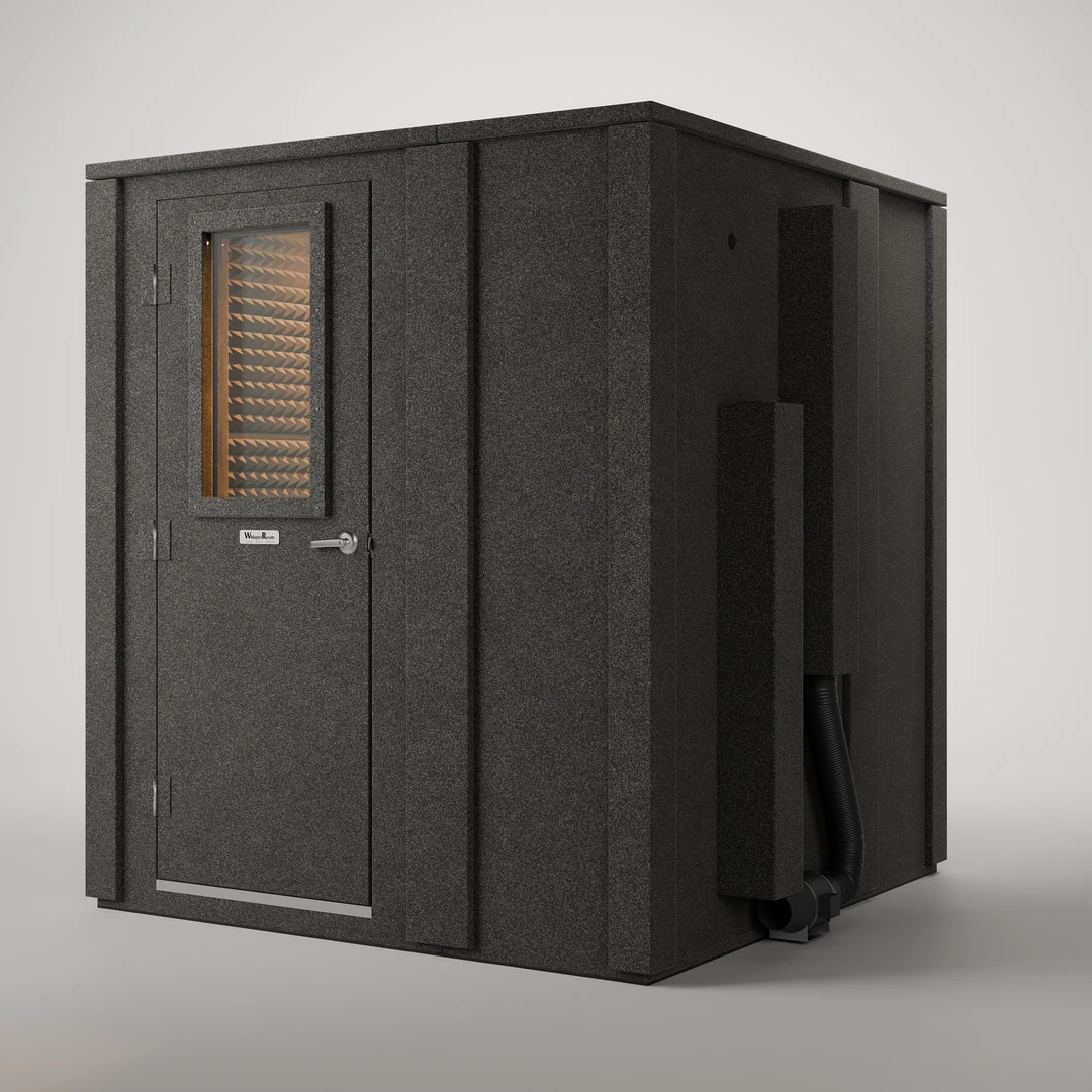 WhisperRoom MDL 7272 E 6' x 6' double-wall sound booth, closed, three-quarter front view on a light gray backdrop