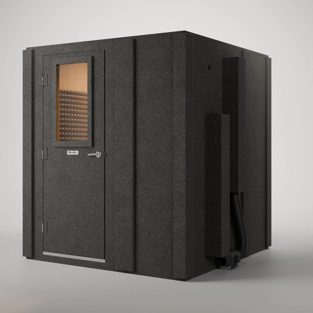 WhisperRoom MDL 7272 S, a 6' x 6' single-wall sound booth with its door shut, seen from the front at an angle