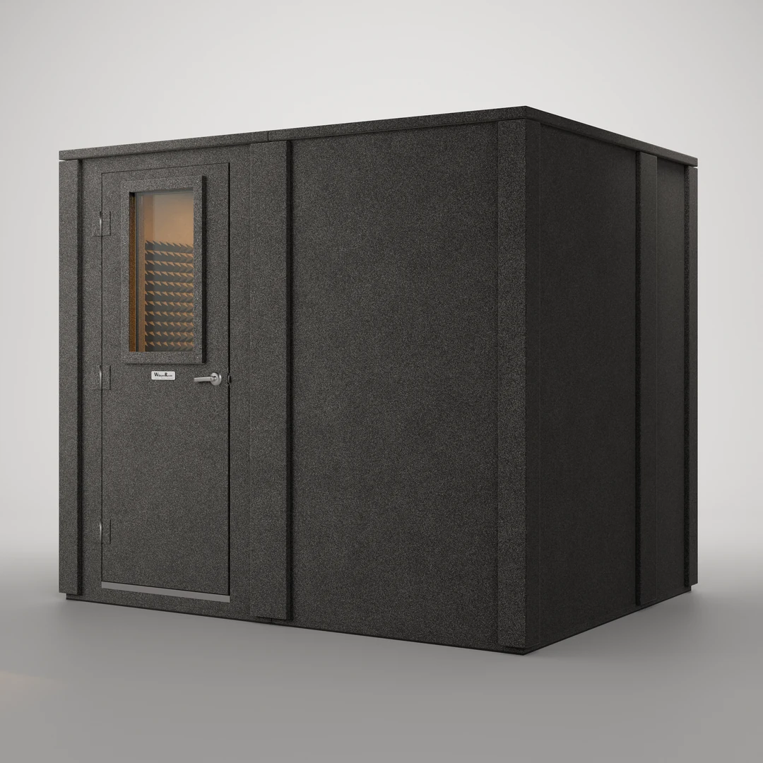 WhisperRoom MDL 7296 E vocal booth in double-wall construction, door closed, charcoal exterior at a three-quarter view