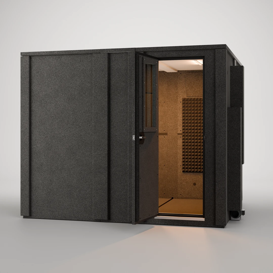 WhisperRoom MDL 84102 E open recording booth seen from the front, showing the 95.5" x 77.5" interior and Studiofoam walls