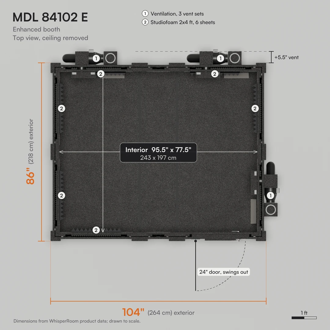 WhisperRoom MDL 84102 E practice room plan from above: 104" x 86" exterior, 95.5" x 77.5" interior, door right of center