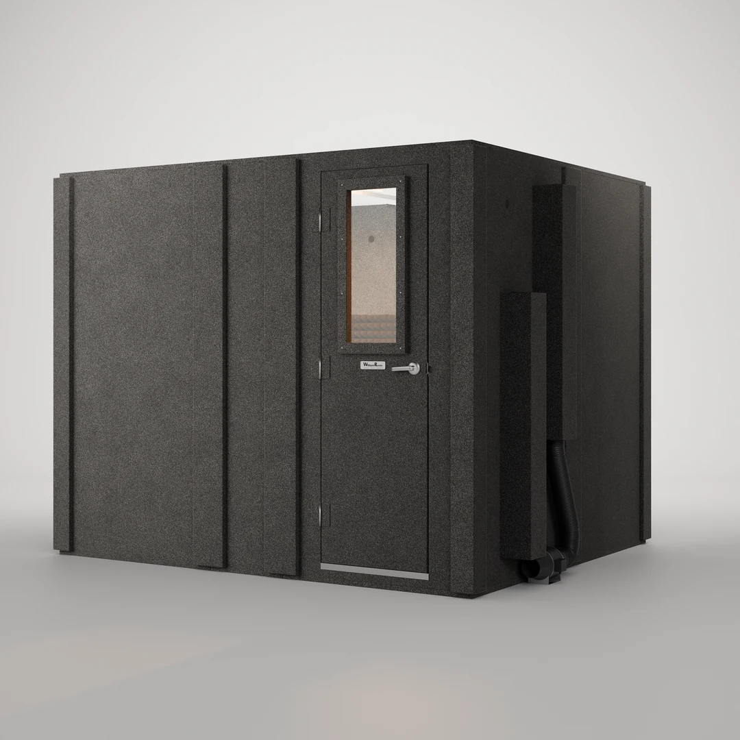 WhisperRoom MDL 84102 S, a 7' x 8.5' single-wall isolation booth with its door shut, seen from the front at an angle