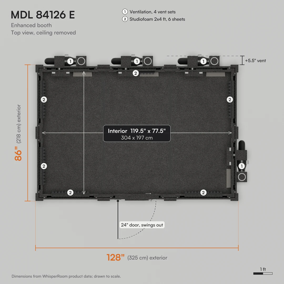 WhisperRoom MDL 84126 E top view drawn to scale, a 128" x 86" practice room with a 119.5" x 77.5" interior and vent callouts