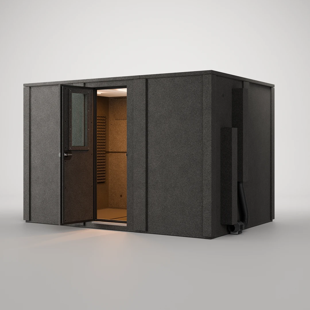 WhisperRoom MDL 84126 E double-wall sound booth, open three-quarter view into the lit, foam-lined interior
