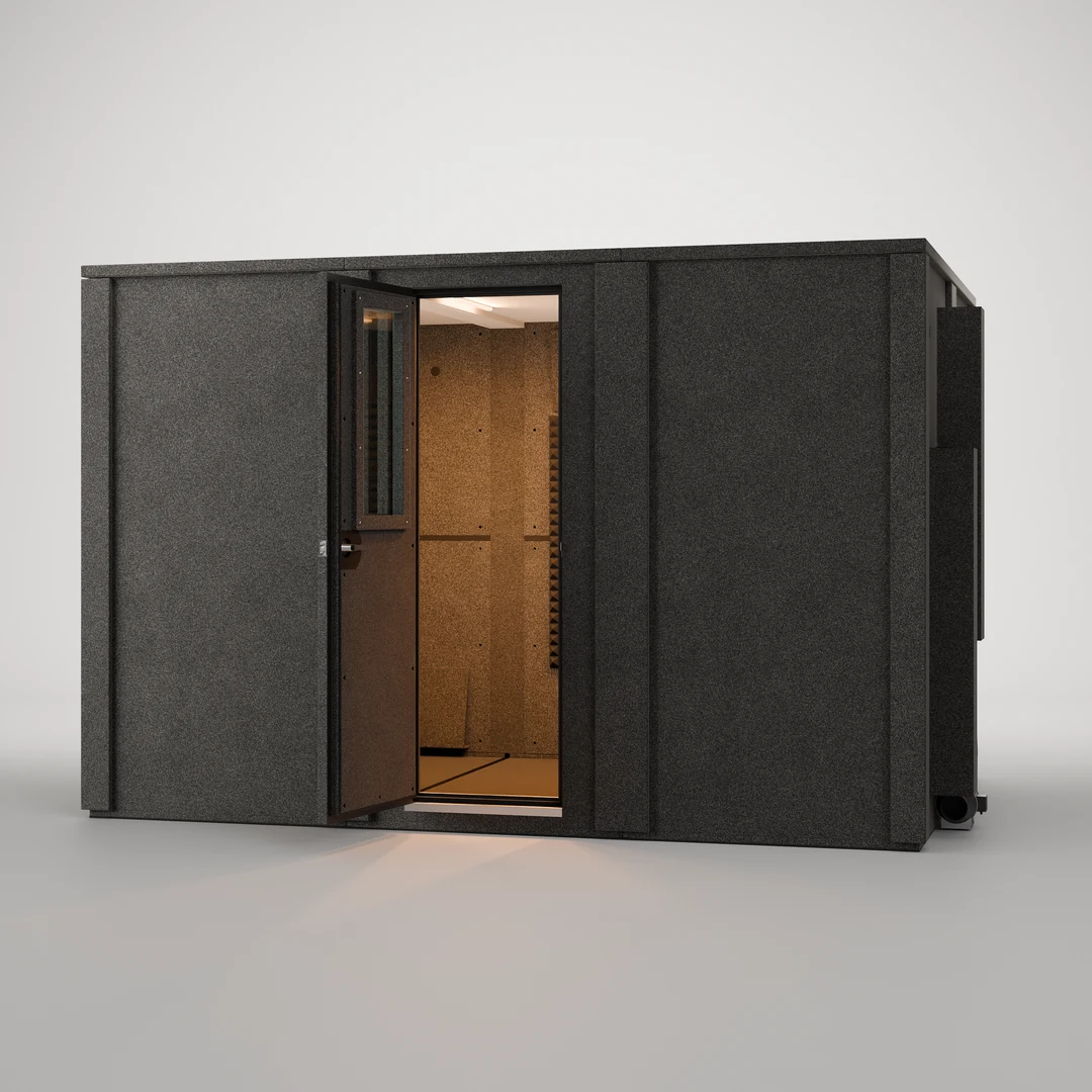 WhisperRoom MDL 84126 E, a front view through the open 24" door into this 119.5" x 77.5" recording booth