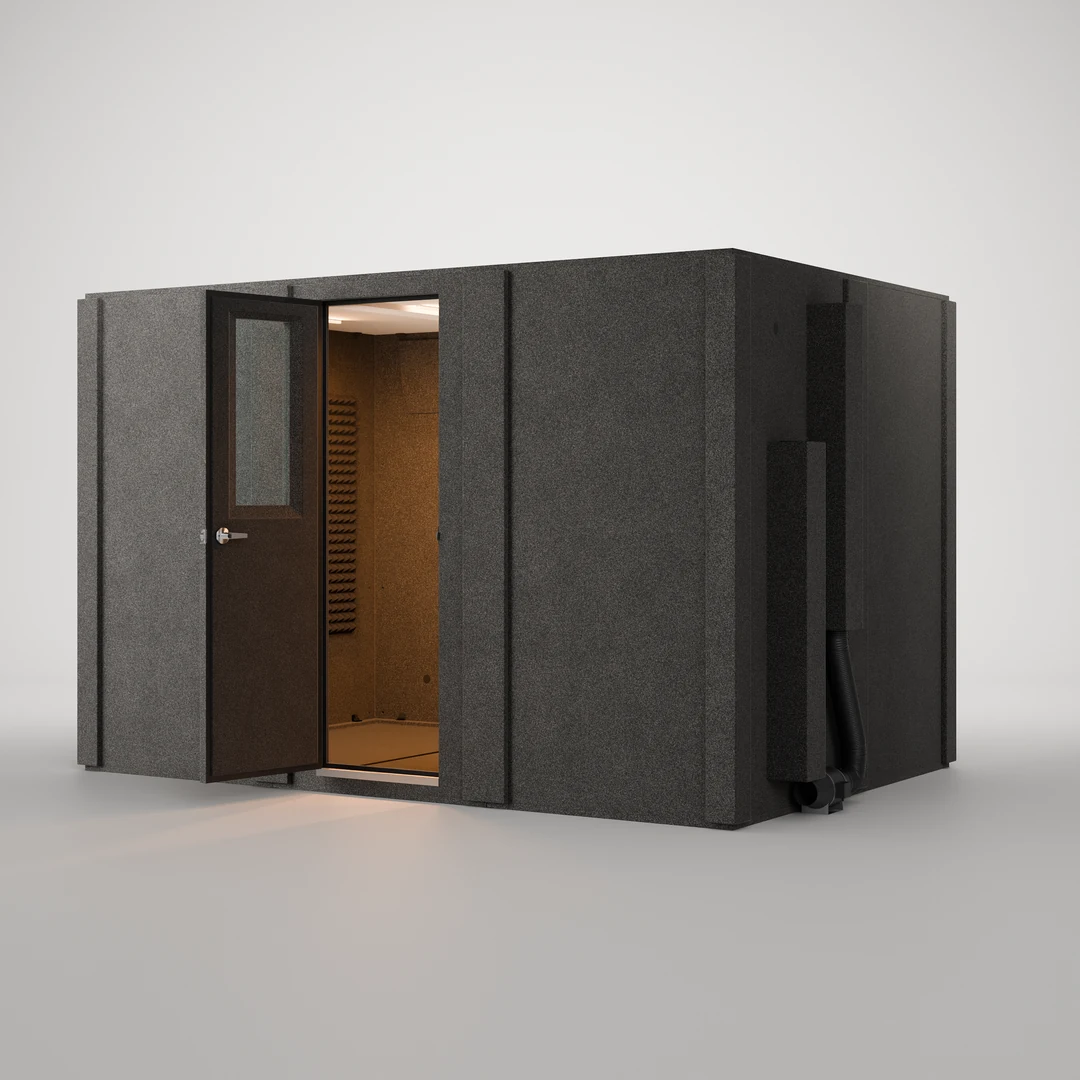 WhisperRoom MDL 84126 S sound booth with the 24" door open and the lit interior lined in Studiofoam