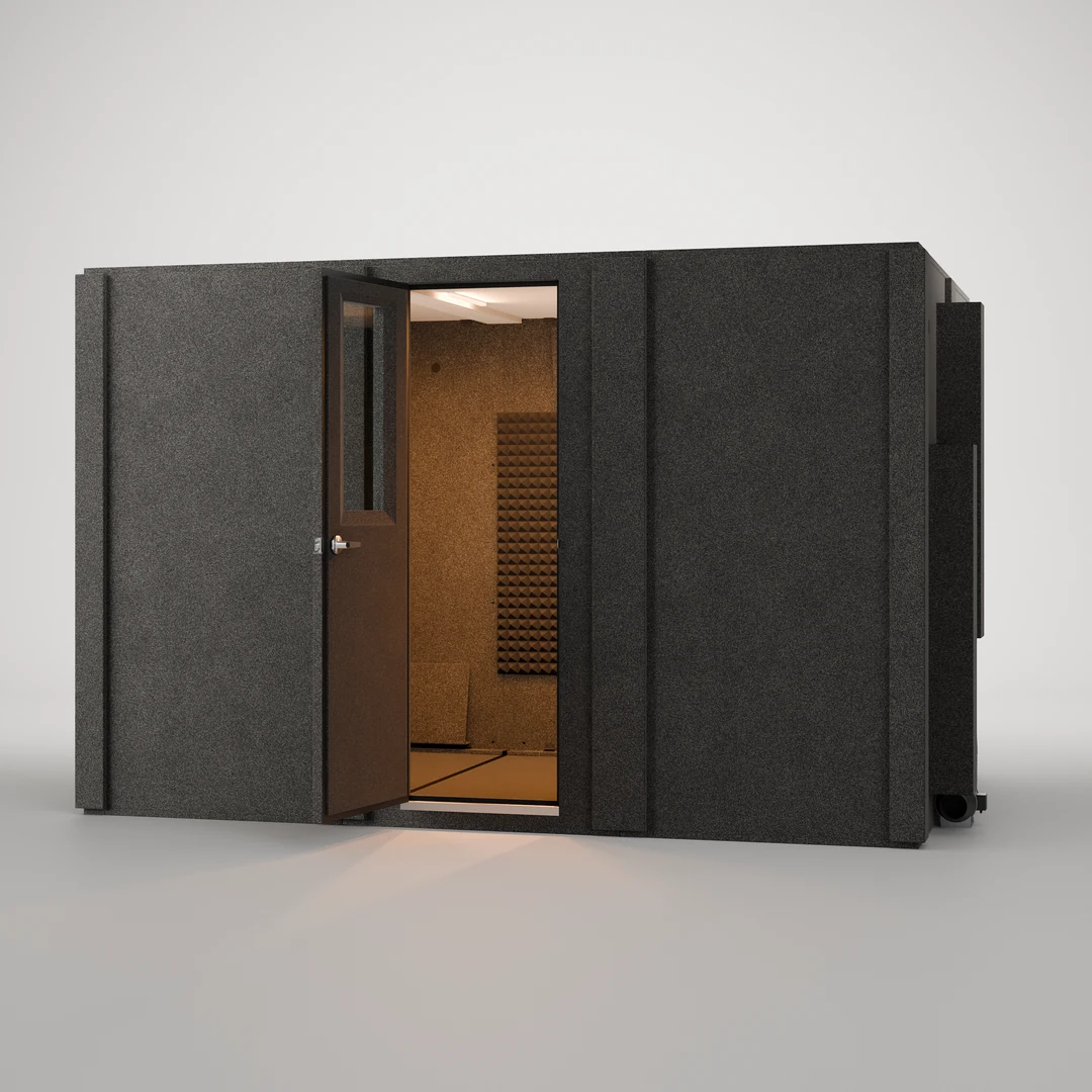 WhisperRoom MDL 84126 S 7' x 10.5' recording booth, close front angle with the door open on the foam-lined interior