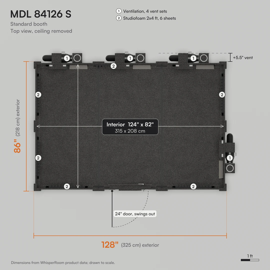 WhisperRoom MDL 84126 S practice room layout, ceiling removed: 128" x 86" exterior, 124" x 82" interior, 24" door