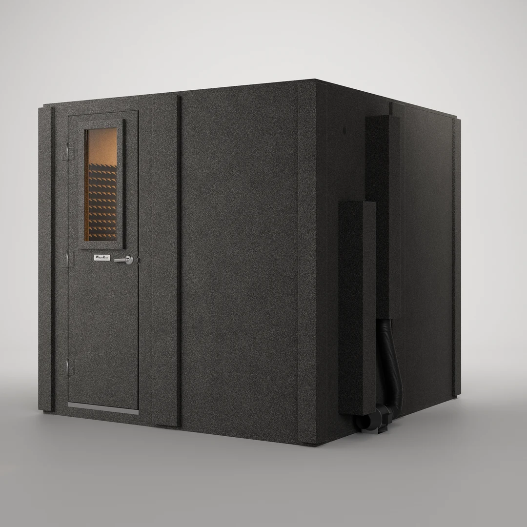 WhisperRoom MDL 8484 S, a 7' x 7' single-wall isolation booth with its door shut, seen from the front at an angle